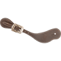 Chocolate roughout cowboy spur strap with a Bandera buckle, seen from above. White stitching edges the strap, and the rectangular buckle has a ridged texture.