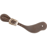 Chocolate roughout cowboy spur strap with a Bandera buckle, seen from above. White stitching edges the strap, and the rectangular buckle has a ridged texture.