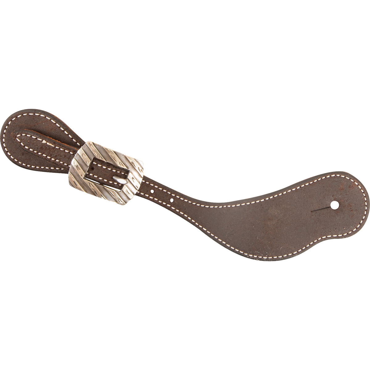Chocolate roughout cowboy spur strap with a Bandera buckle, seen from above. White stitching edges the strap, and the rectangular buckle has a ridged texture.