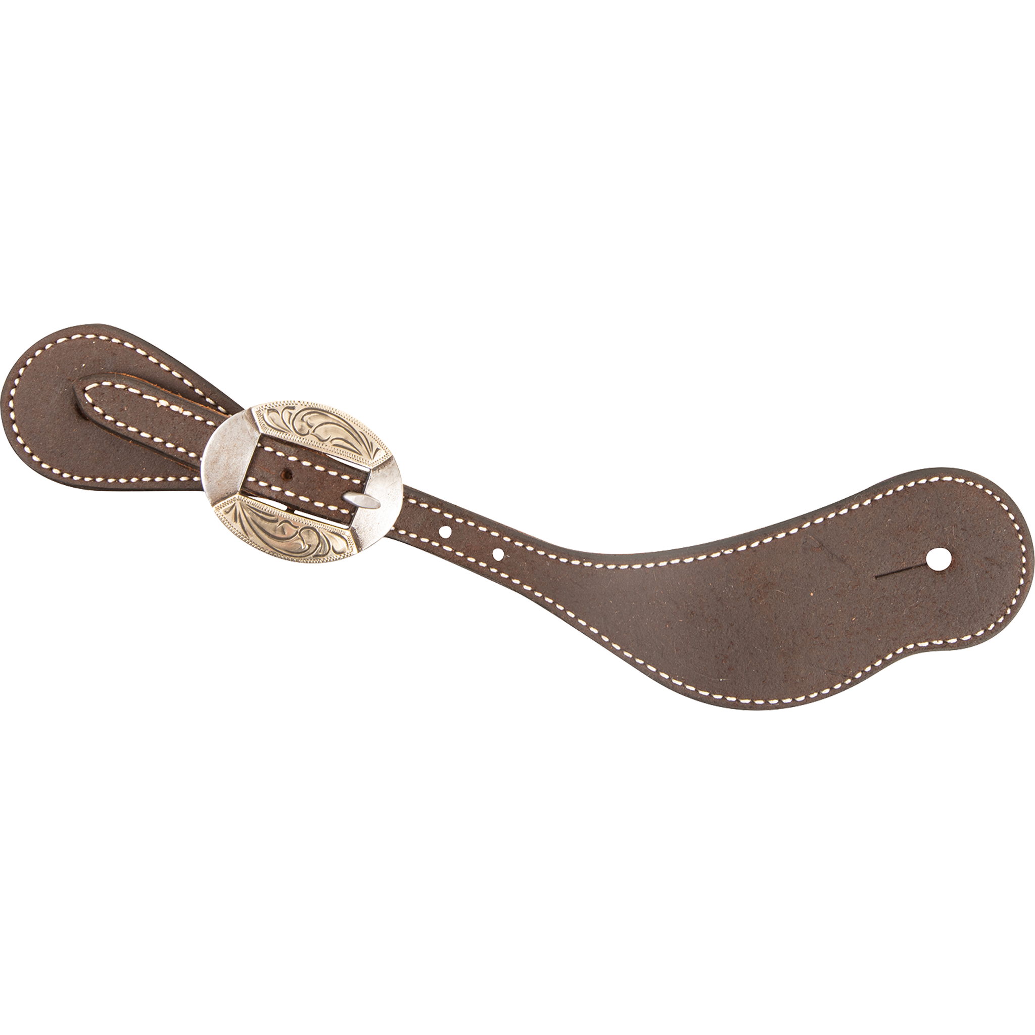 Chocolate roughout cowboy spur strap with a Canyon buckle, seen from above. The oval engraved buckle sits on the stitched strap near the narrow end.