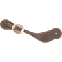 Chocolate roughout cowboy spur strap with a Canyon buckle, seen from above. The oval engraved buckle sits on the stitched strap near the narrow end.