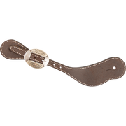 Chocolate roughout cowboy spur strap with a Canyon buckle, seen from above. The oval engraved buckle sits on the stitched strap near the narrow end.