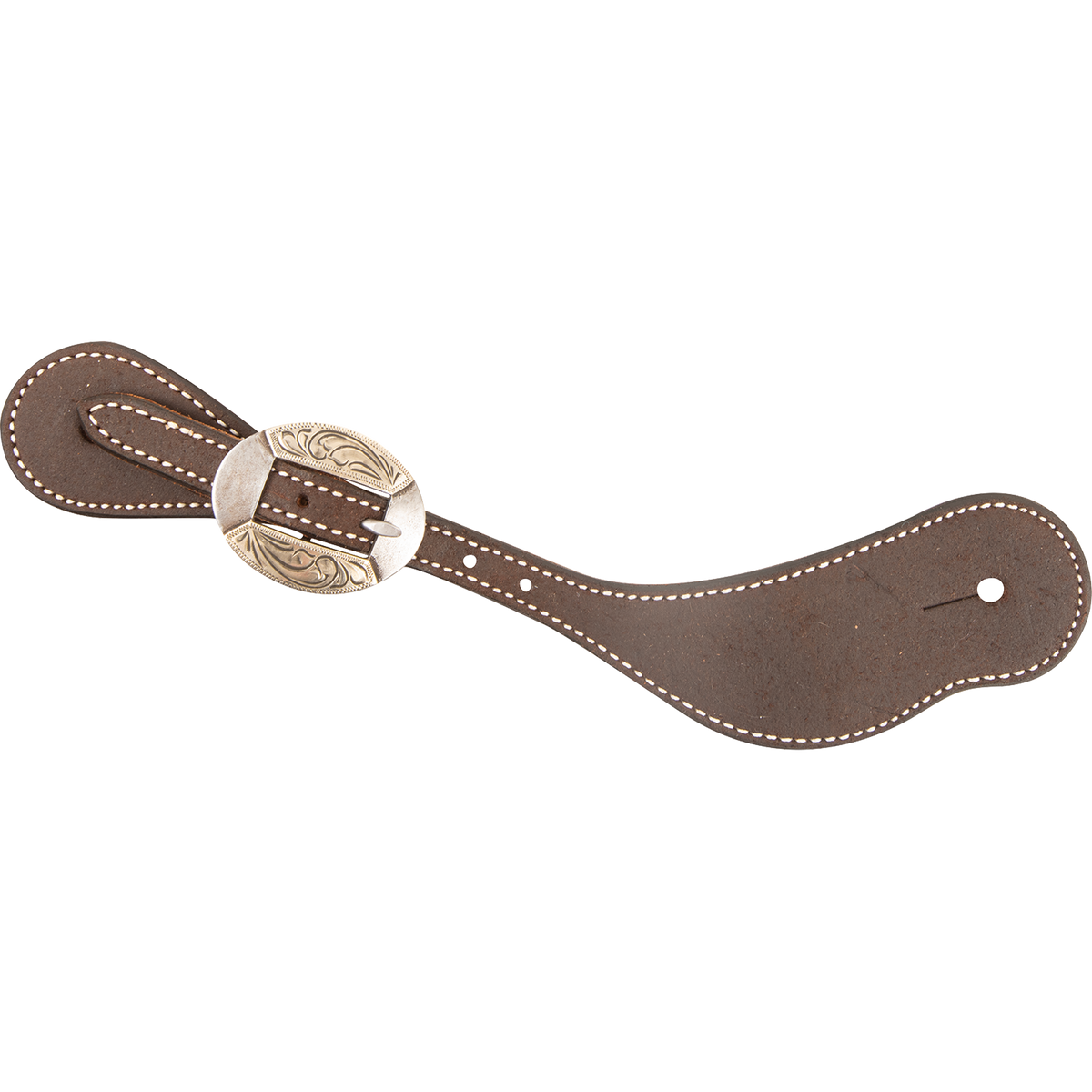 Chocolate roughout cowboy spur strap with a Canyon buckle, seen from above. The oval engraved buckle sits on the stitched strap near the narrow end.