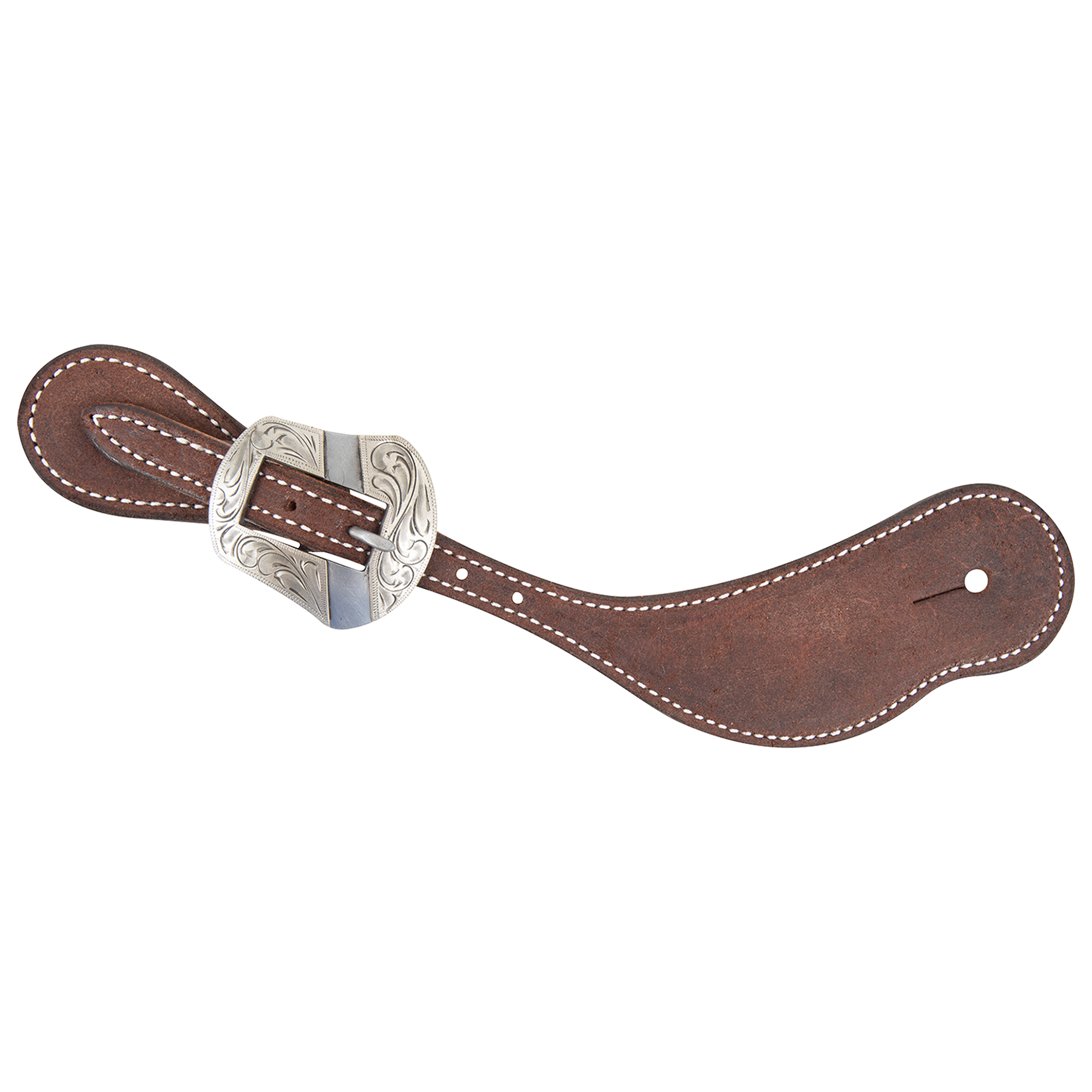 Chocolate roughout cowboy spur strap with a Salinas buckle, seen from above. White stitching edges the roughout leather, and the engraved shaped buckle sits near the narrow end.