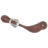 Chocolate roughout cowboy spur strap with a Salinas buckle, seen from above. White stitching edges the roughout leather, and the engraved shaped buckle sits near the narrow end.