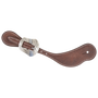 Chocolate roughout cowboy spur strap with a Salinas buckle, seen from above. White stitching edges the roughout leather, and the engraved shaped buckle sits near the narrow end.