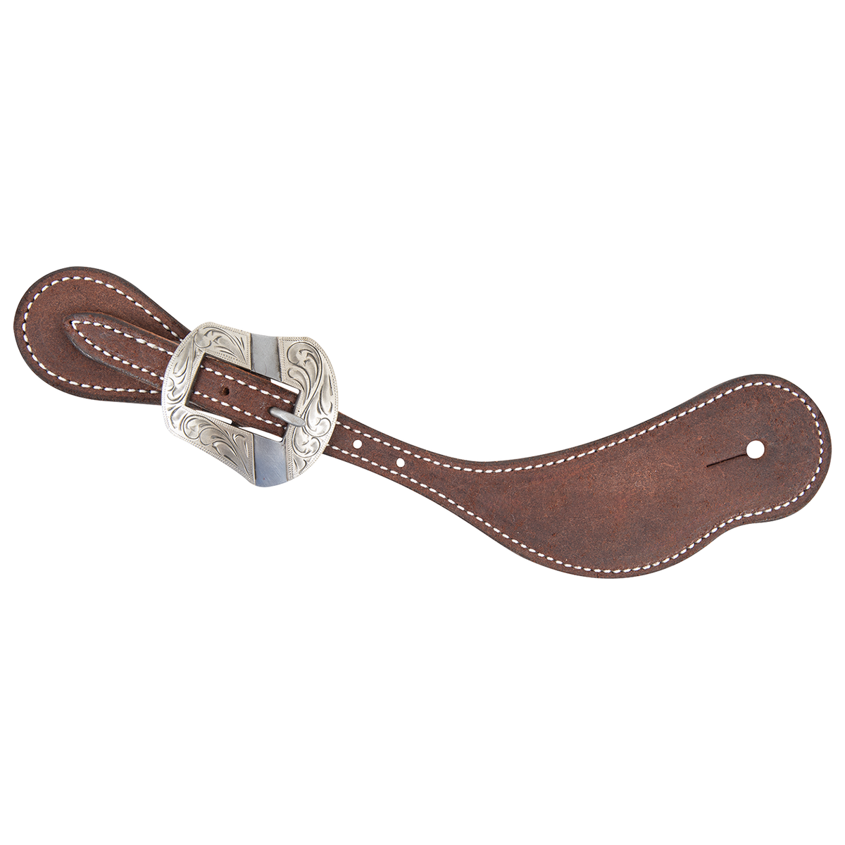Chocolate roughout cowboy spur strap with a Salinas buckle, seen from above. White stitching edges the roughout leather, and the engraved shaped buckle sits near the narrow end.