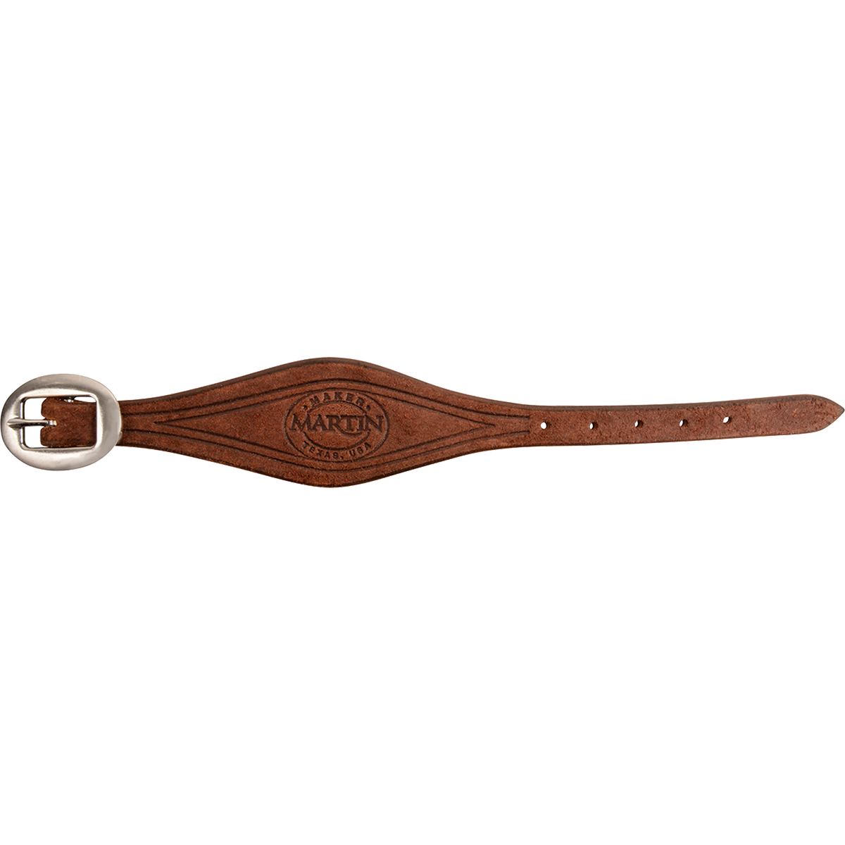 Chocolate roughout stirrup hobble strap from Martin Saddlery, laid flat and seen from above. The shaped strap is stamped with the Martin maker mark and fastens with a cart buckle.