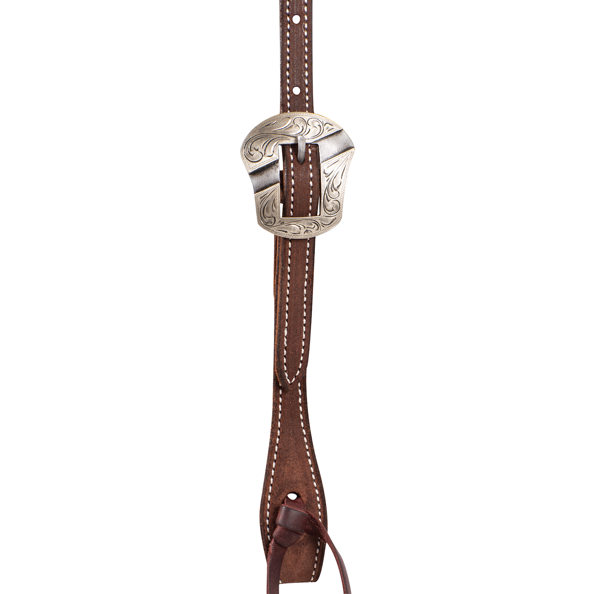 Chocolate roughout headstall cheek seen up close, with an engraved Salinas buckle above a latigo bit tie. White stitching follows both edges of the strap.