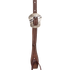 Chocolate roughout headstall cheek seen up close, with an engraved Salinas buckle above a latigo bit tie. White stitching follows both edges of the strap.