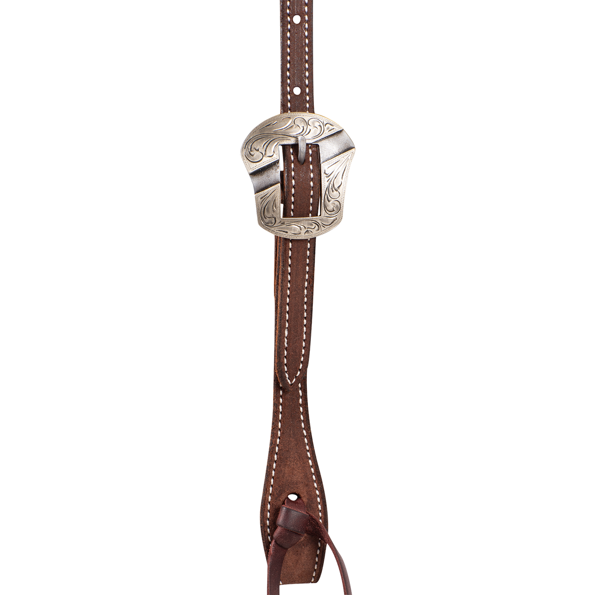 Chocolate roughout headstall cheek seen up close, with an engraved Salinas buckle above a latigo bit tie. White stitching follows both edges of the strap.