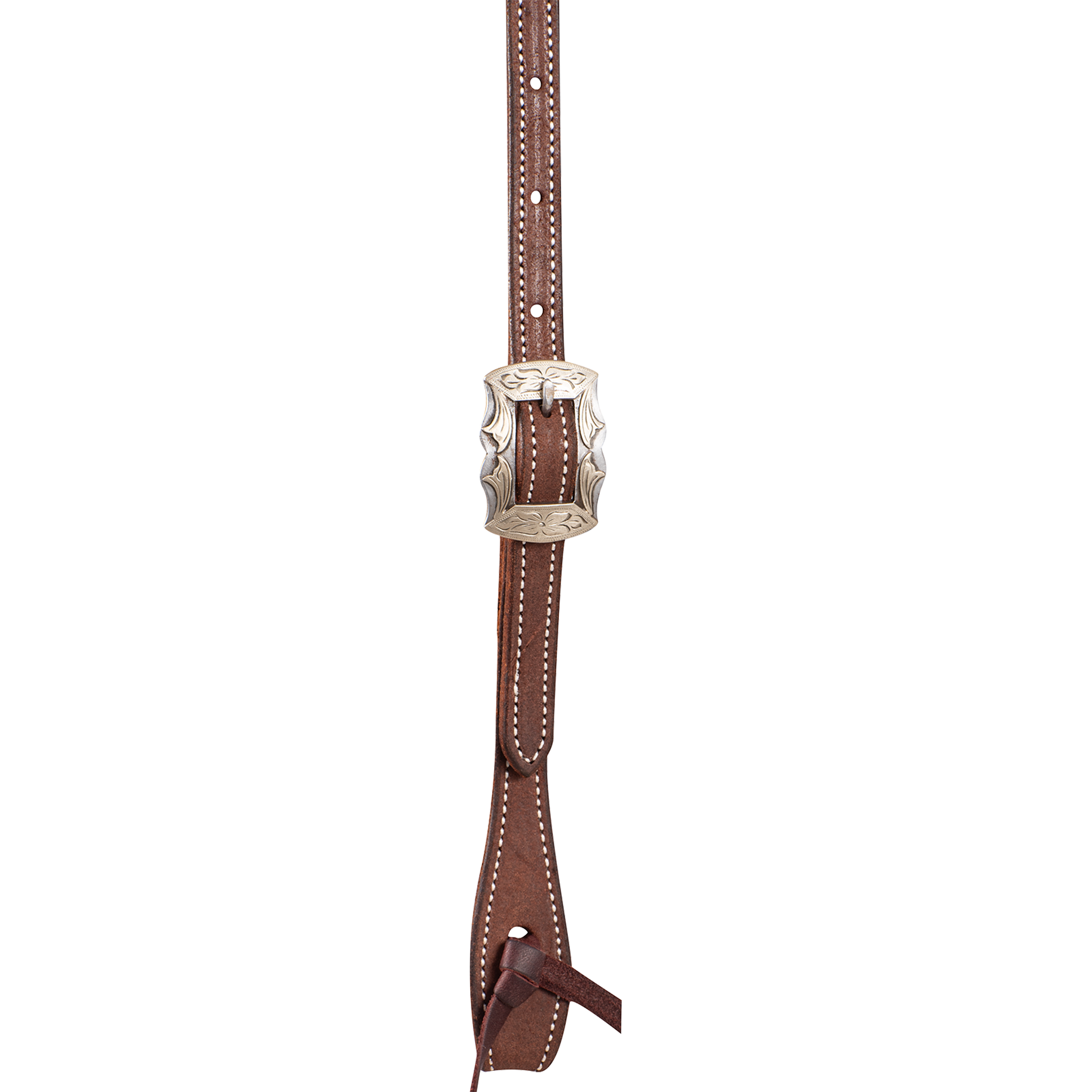 Chocolate roughout headstall cheek seen up close, with an engraved Prescott buckle above a latigo bit tie. White stitching runs down both edges of the western headstall strap.