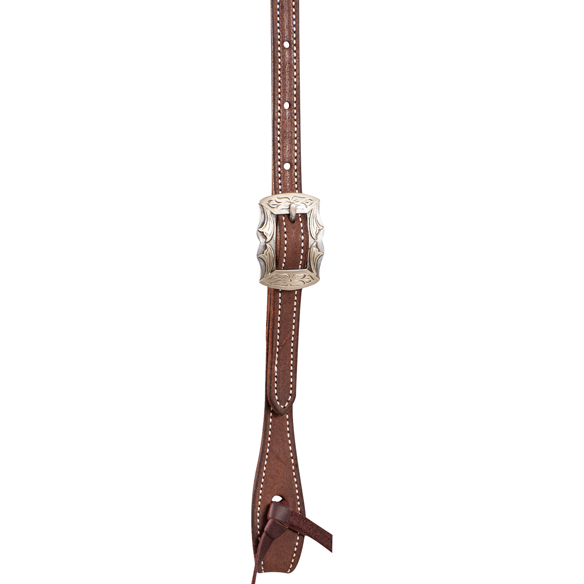 Chocolate roughout headstall cheek seen up close, with an engraved Prescott buckle above a latigo bit tie. White stitching runs down both edges of the western headstall strap.
