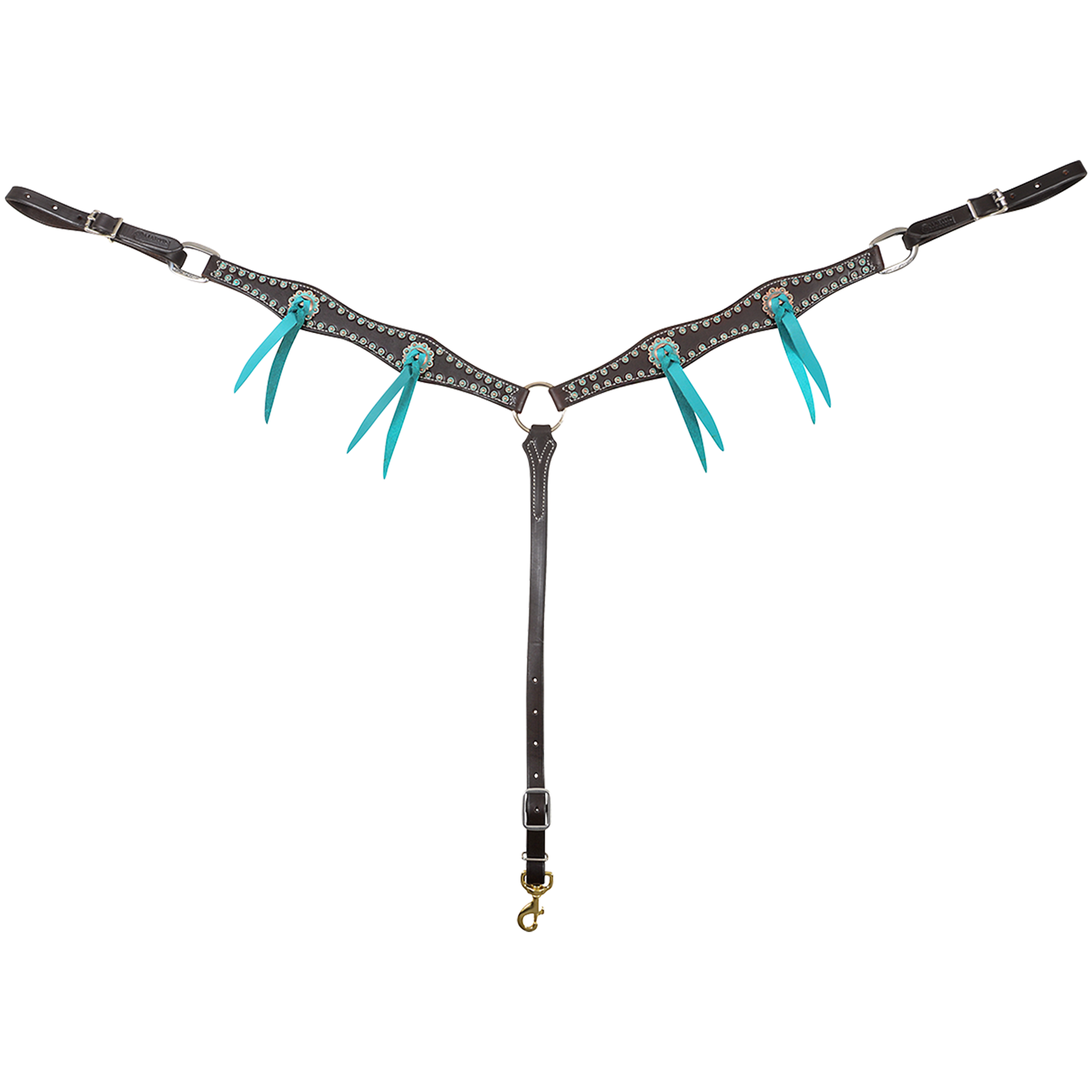 Chocolate scalloped breastcollar from Martin Saddlery, seen from the front in full. The 1.5-inch skirting leather straps are lined with antiqued dots and set with antiqued turquoise conchos tied with turquoise blood knots, above a tie-down strap with a snap.
