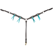 Chocolate scalloped breastcollar from Martin Saddlery, seen from the front in full. The 1.5-inch skirting leather straps are lined with antiqued dots and set with antiqued turquoise conchos tied with turquoise blood knots, above a tie-down strap with a snap.