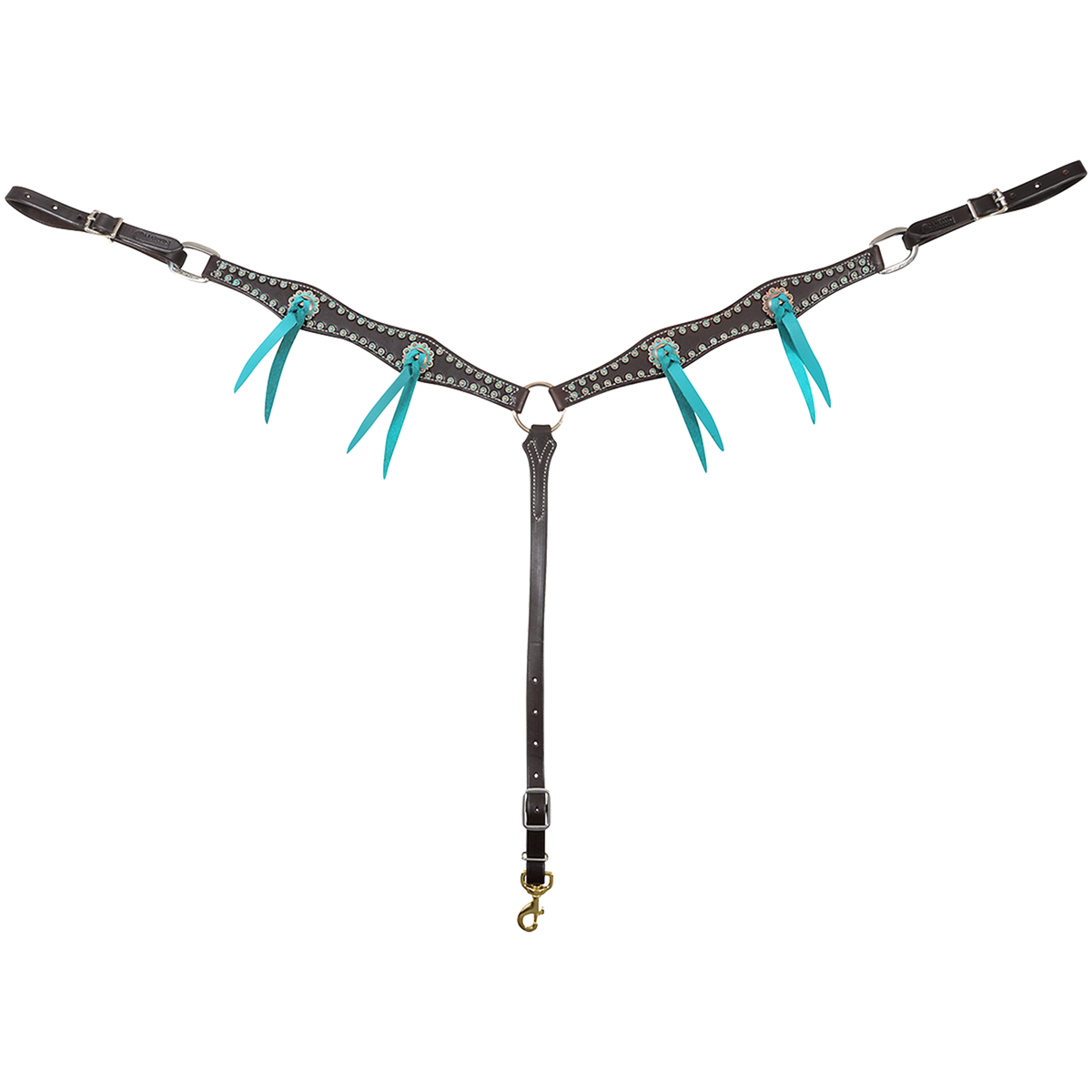 Chocolate scalloped breastcollar from Martin Saddlery, seen from the front in full. The 1.5-inch skirting leather straps are lined with antiqued dots and set with antiqued turquoise conchos tied with turquoise blood knots, above a tie-down strap with a snap.