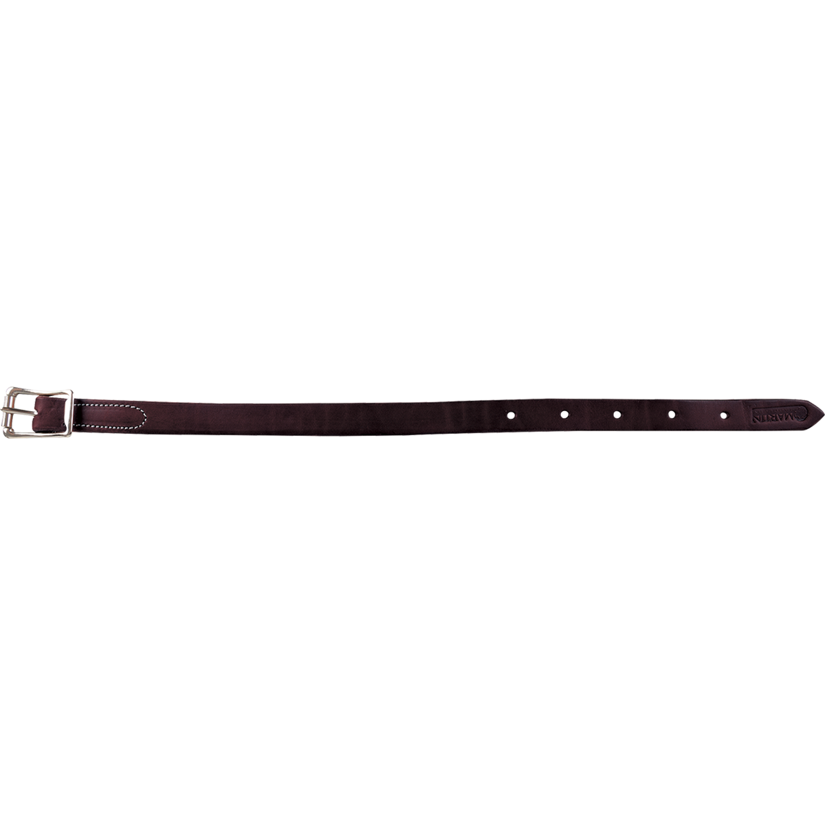 Chocolate skirting leather breastcollar tug, laid out straight and seen from above. White stitching holds the buckle to the dark 1-inch strap, which has adjustment holes near the tip.