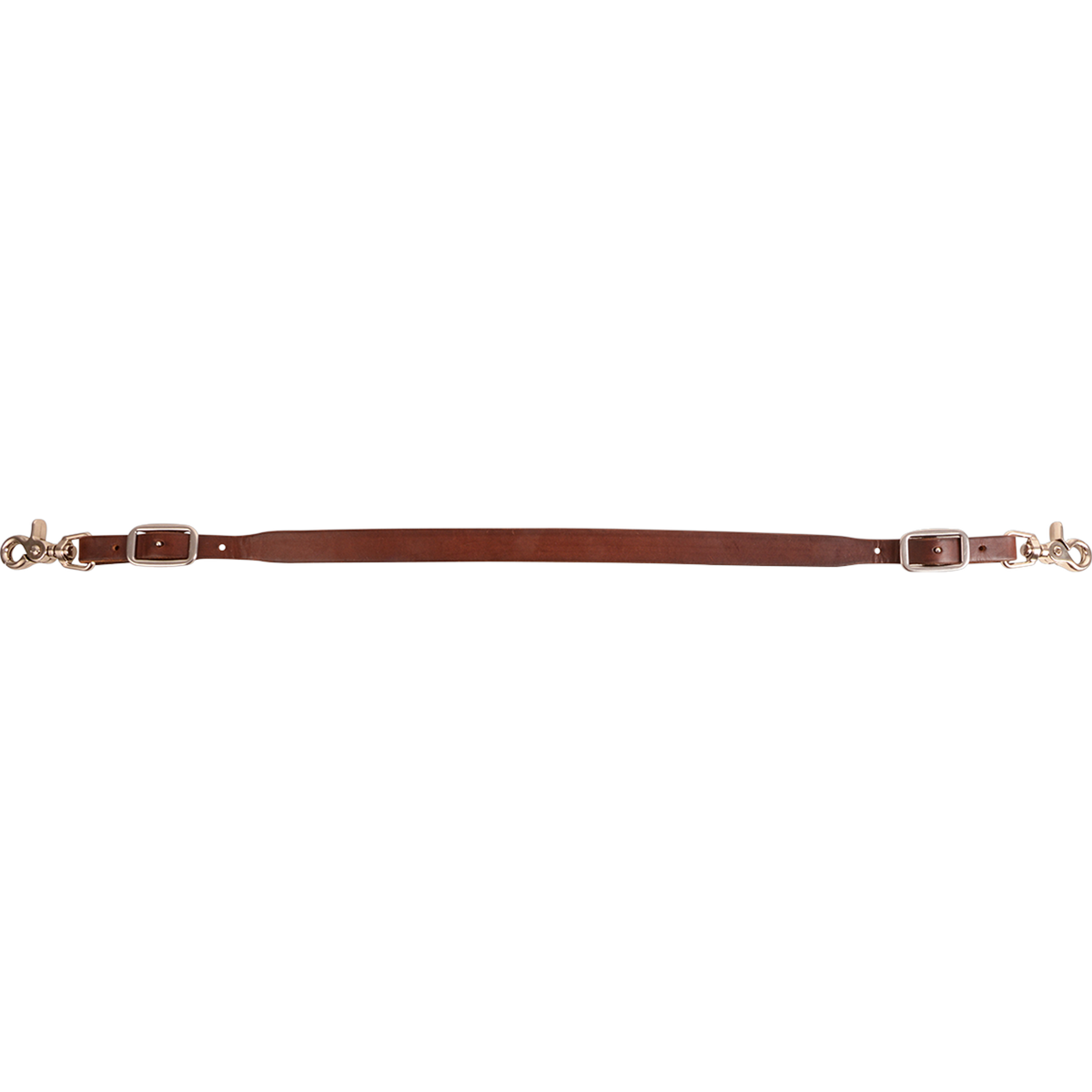 Chocolate breastcollar wither strap laid out straight and seen from the side. The Martin Saddlery skirting leather strap has a buckle and snap at each end.