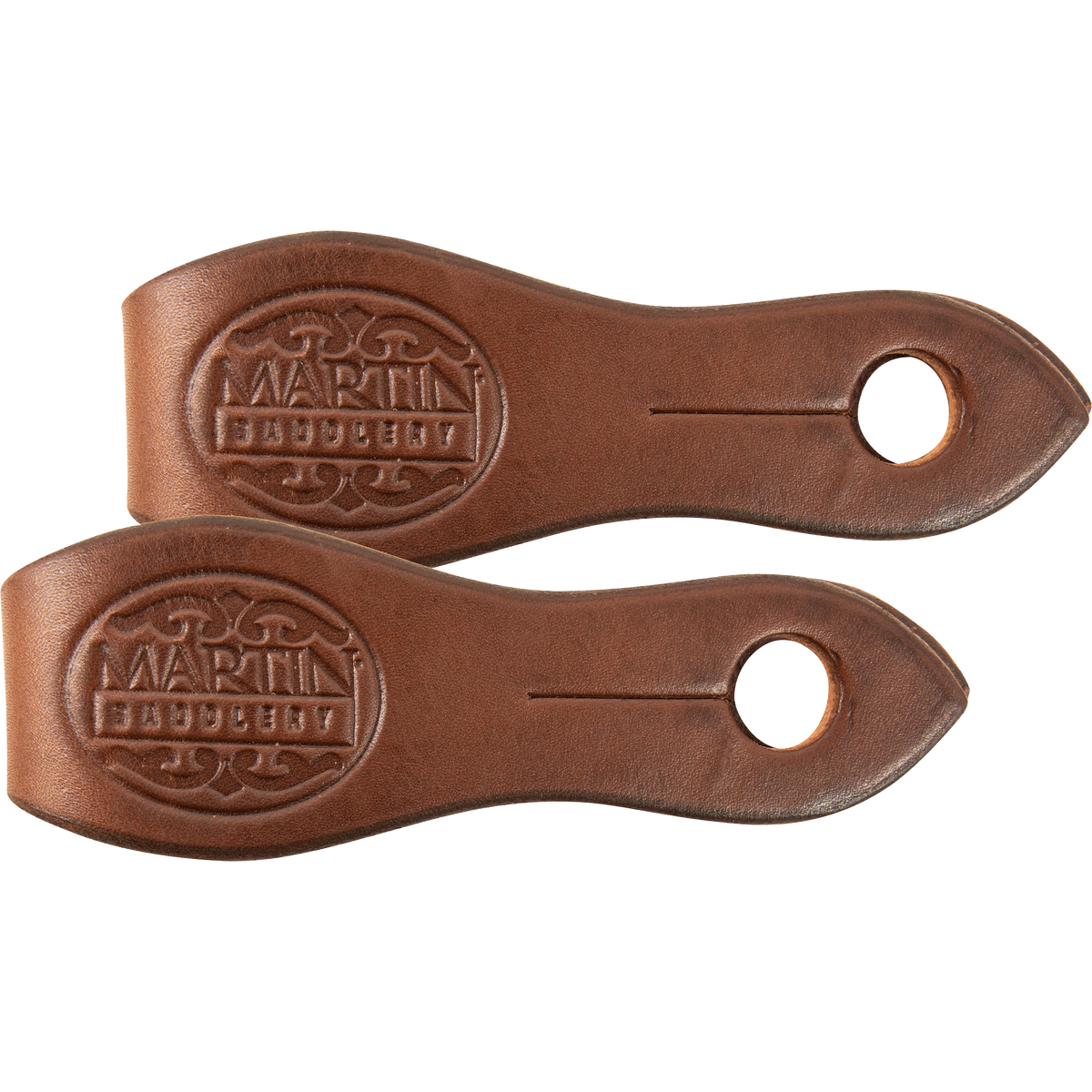 Medium chocolate skirting leather slobber straps, laid side by side and seen from above. The brown straps are stamped Martin Saddlery and slotted at the pointed end.