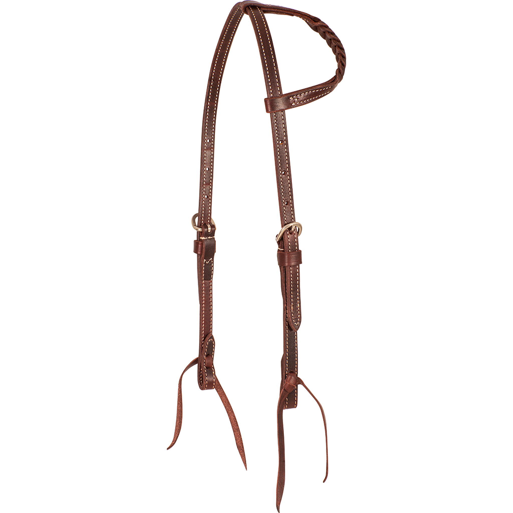 Chocolate slip ear headstall with blood knots, seen from the front quarter. A row of blood knots runs along the ear loop of the 5/8-inch latigo leather headstall, with stainless steel buckles and bit ties.
