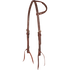 Chocolate slip ear headstall with blood knots, seen from the front quarter. A row of blood knots runs along the ear loop of the 5/8-inch latigo leather headstall, with stainless steel buckles and bit ties.