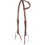 Chocolate slip ear headstall with blood knots, seen from the front quarter. A row of blood knots runs along the ear loop of the 5/8-inch latigo leather headstall, with stainless steel buckles and bit ties.