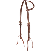 Chocolate slip ear headstall with blood knots, seen from the front quarter. A row of blood knots runs along the ear loop of the 5/8-inch latigo leather headstall, with stainless steel buckles and bit ties.