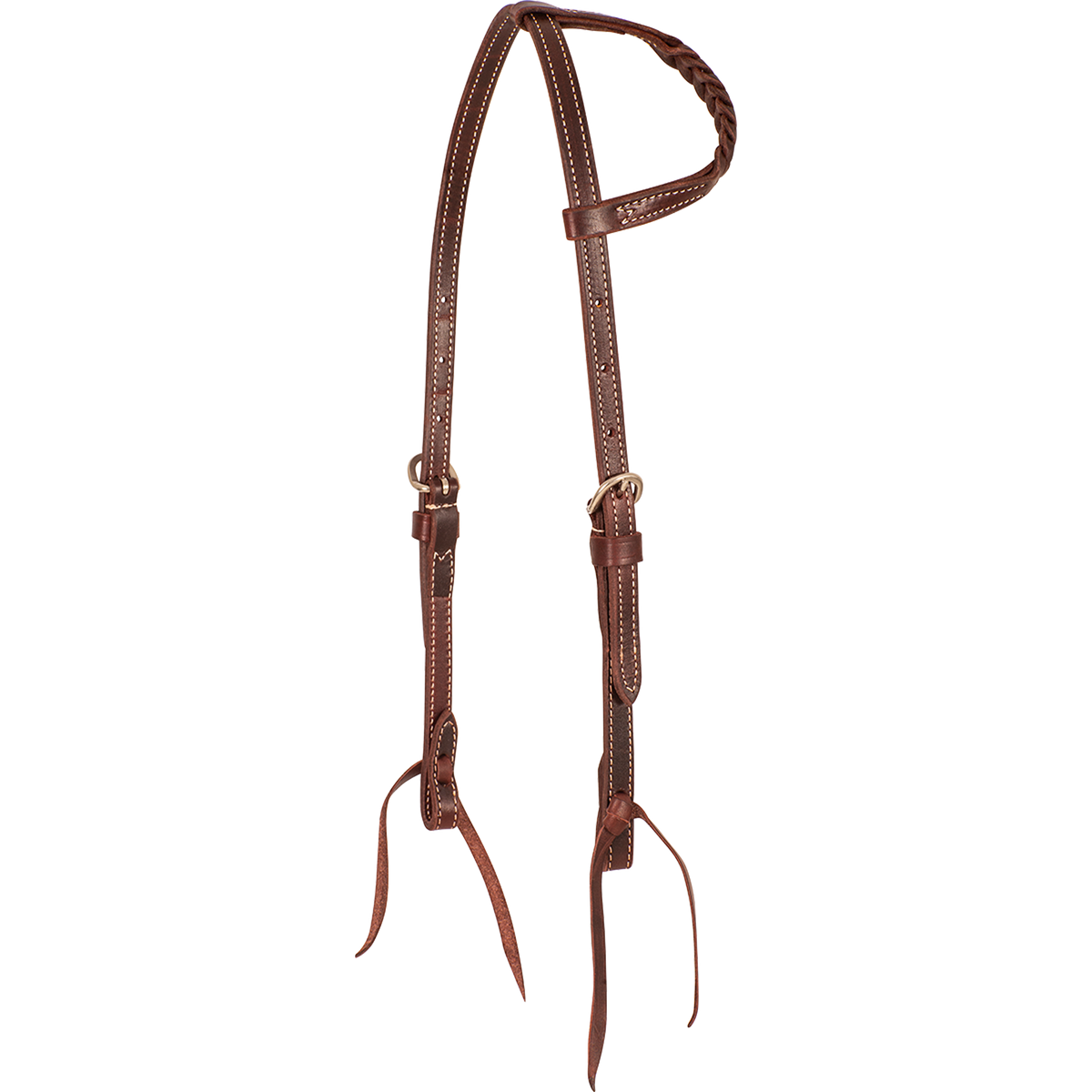 Chocolate slip ear headstall with blood knots, seen from the front quarter. A row of blood knots runs along the ear loop of the 5/8-inch latigo leather headstall, with stainless steel buckles and bit ties.