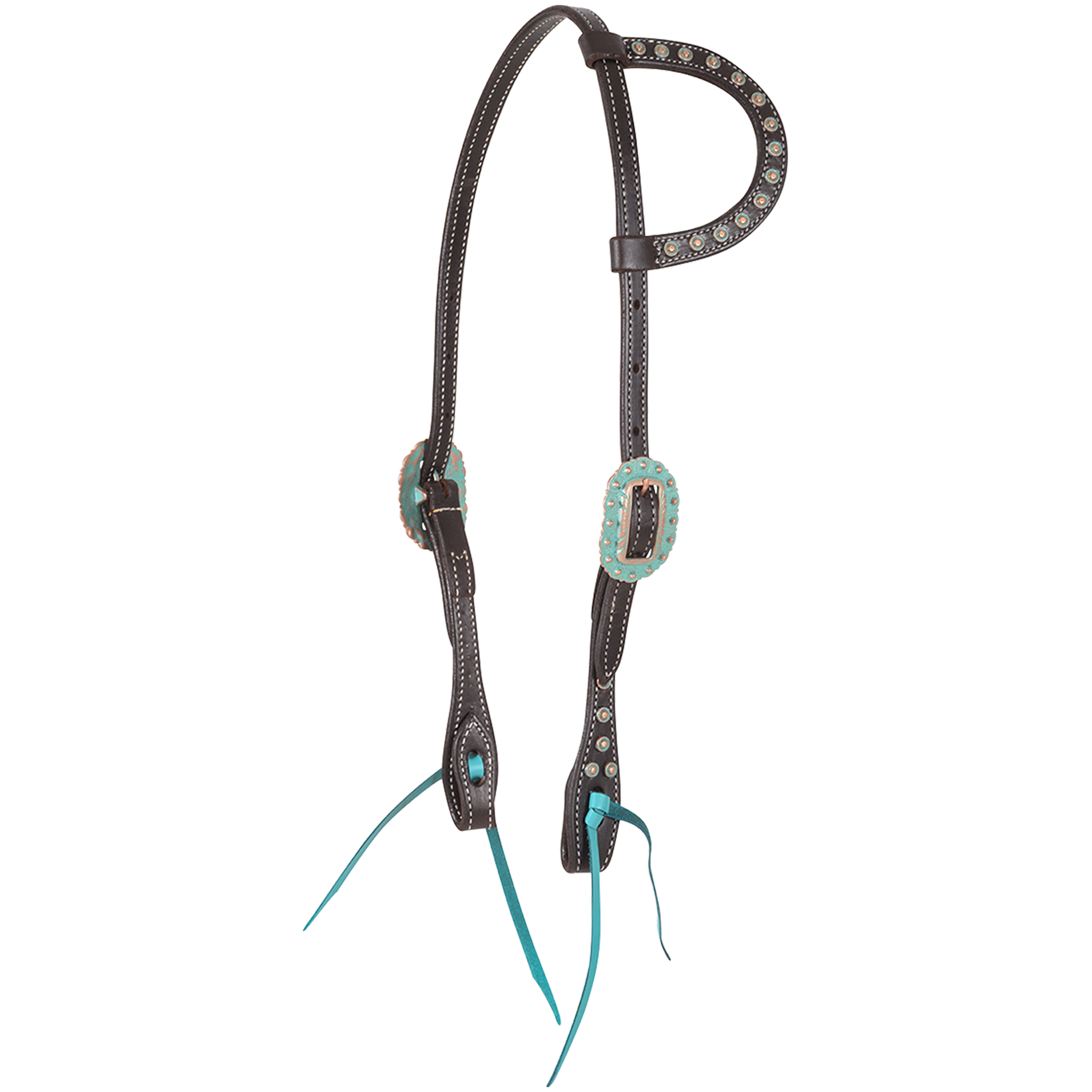 Chocolate slip ear headstall with turquoise buckles, seen from the front quarter. Antiqued dots line the ear loop and cheeks of the chocolate skirting leather, with turquoise ties at the bit ends.