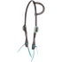 Chocolate slip ear headstall with turquoise buckles, seen from the front quarter. Antiqued dots line the ear loop and cheeks of the chocolate skirting leather, with turquoise ties at the bit ends.