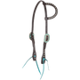 Chocolate slip ear headstall with turquoise buckles, seen from the front quarter. Antiqued dots line the ear loop and cheeks of the chocolate skirting leather, with turquoise ties at the bit ends.