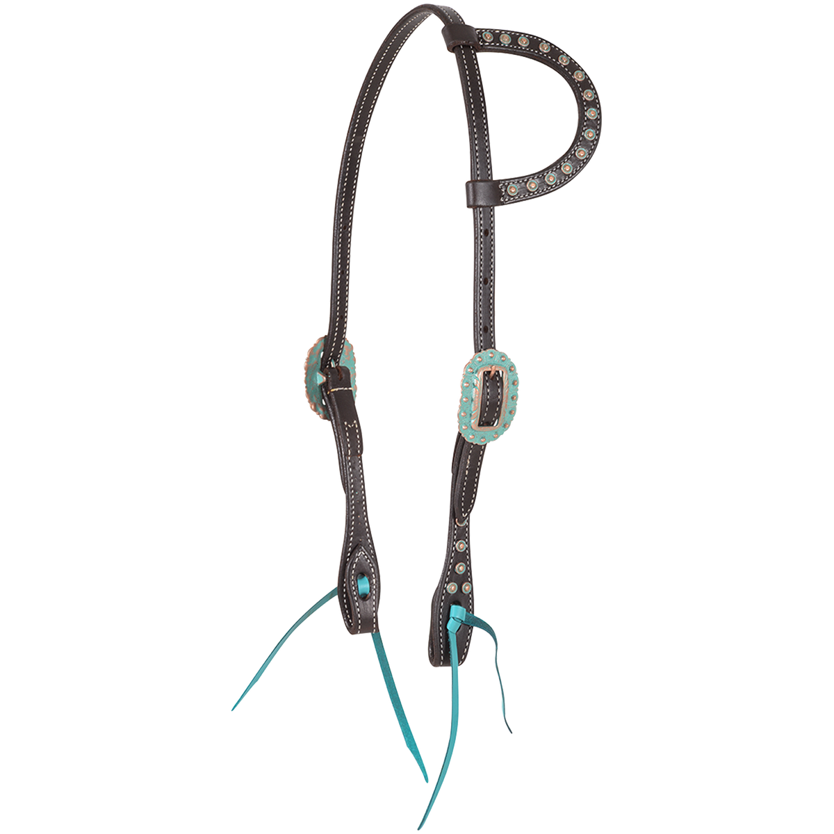 Chocolate slip ear headstall with turquoise buckles, seen from the front quarter. Antiqued dots line the ear loop and cheeks of the chocolate skirting leather, with turquoise ties at the bit ends.