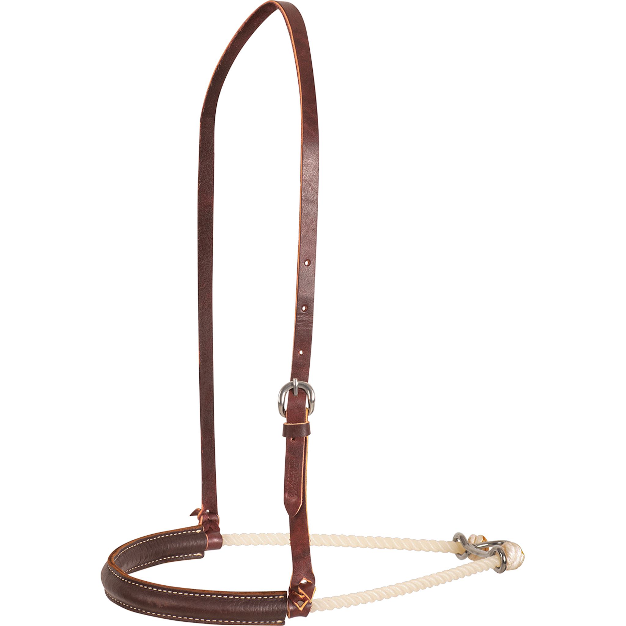 Chocolate smoothout single rope noseband from Martin Saddlery, seen from the front quarter. A stitched chocolate leather cover wraps the front of the white rope, below a leather strap with a buckle.