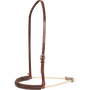 Chocolate smoothout single rope noseband from Martin Saddlery, seen from the front quarter. A stitched chocolate leather cover wraps the front of the white rope, below a leather strap with a buckle.