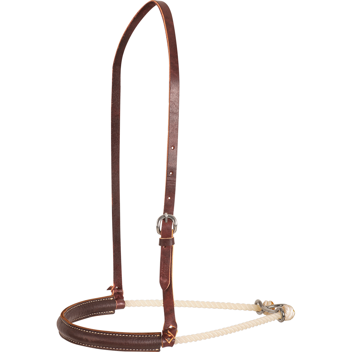 Chocolate smoothout single rope noseband from Martin Saddlery, seen from the front quarter. A stitched chocolate leather cover wraps the front of the white rope, below a leather strap with a buckle.