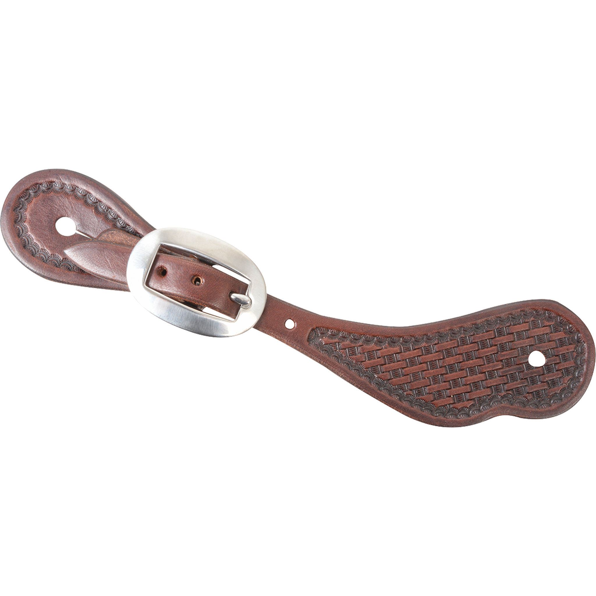 Chocolate skirting leather cowboy spur strap with mini basket tooling, seen from above. Basket stamping covers the wide end inside a stamped border, with a cart buckle near the narrow end.