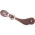 Chocolate skirting leather cowboy spur strap with mini basket tooling, seen from above. Basket stamping covers the wide end inside a stamped border, with a cart buckle near the narrow end.