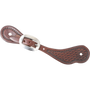 Chocolate skirting leather cowboy spur strap with mini basket tooling, seen from above. Basket stamping covers the wide end inside a stamped border, with a cart buckle near the narrow end.