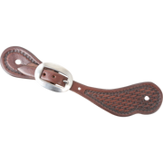 Chocolate skirting leather cowboy spur strap with mini basket tooling, seen from above. Basket stamping covers the wide end inside a stamped border, with a cart buckle near the narrow end.