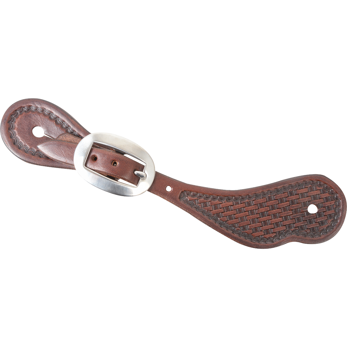 Chocolate skirting leather cowboy spur strap with mini basket tooling, seen from above. Basket stamping covers the wide end inside a stamped border, with a cart buckle near the narrow end.