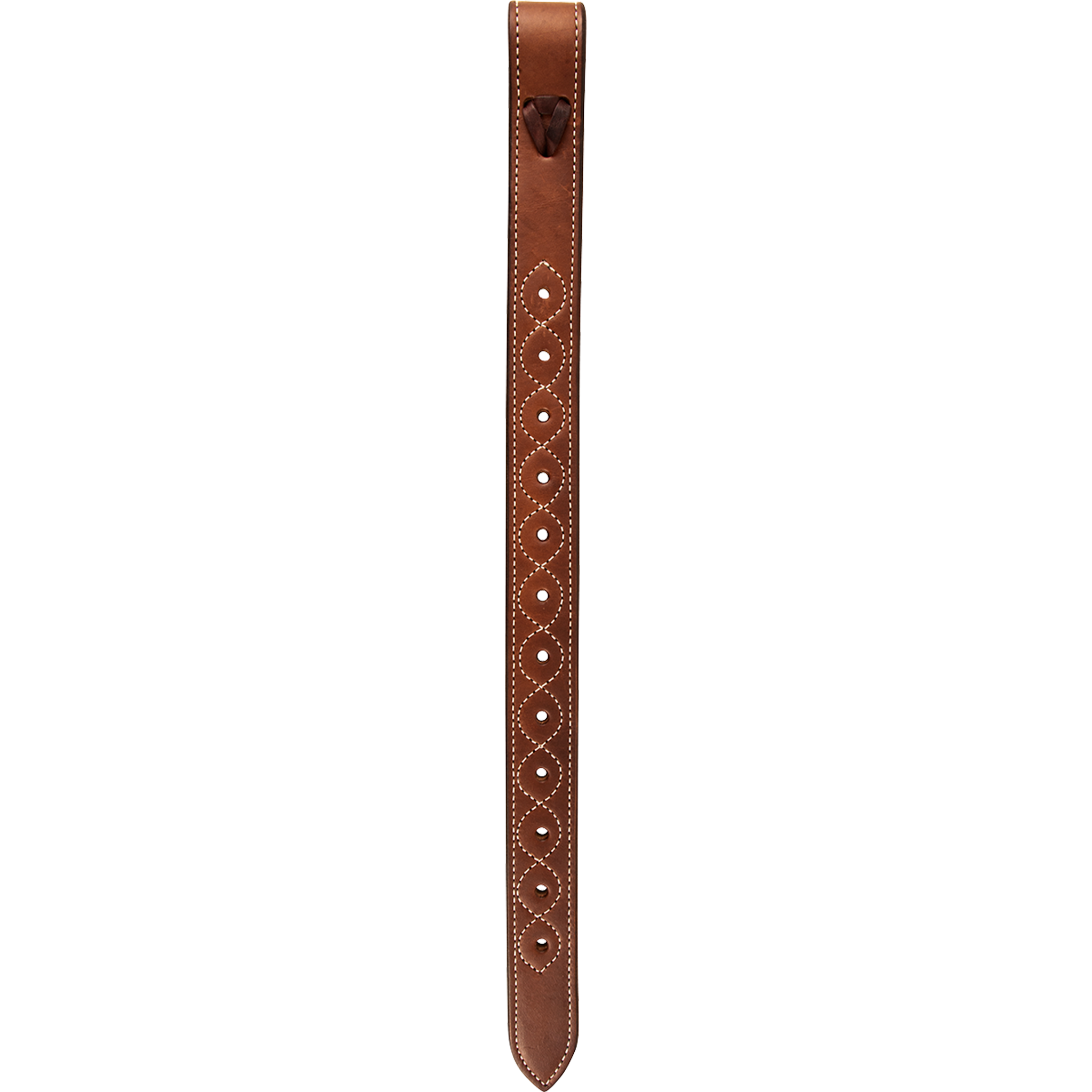 Chocolate standard flank billet from Martin Saddlery, hanging straight. White stitching outlines the adjustment holes down the doubled skirting leather billet.