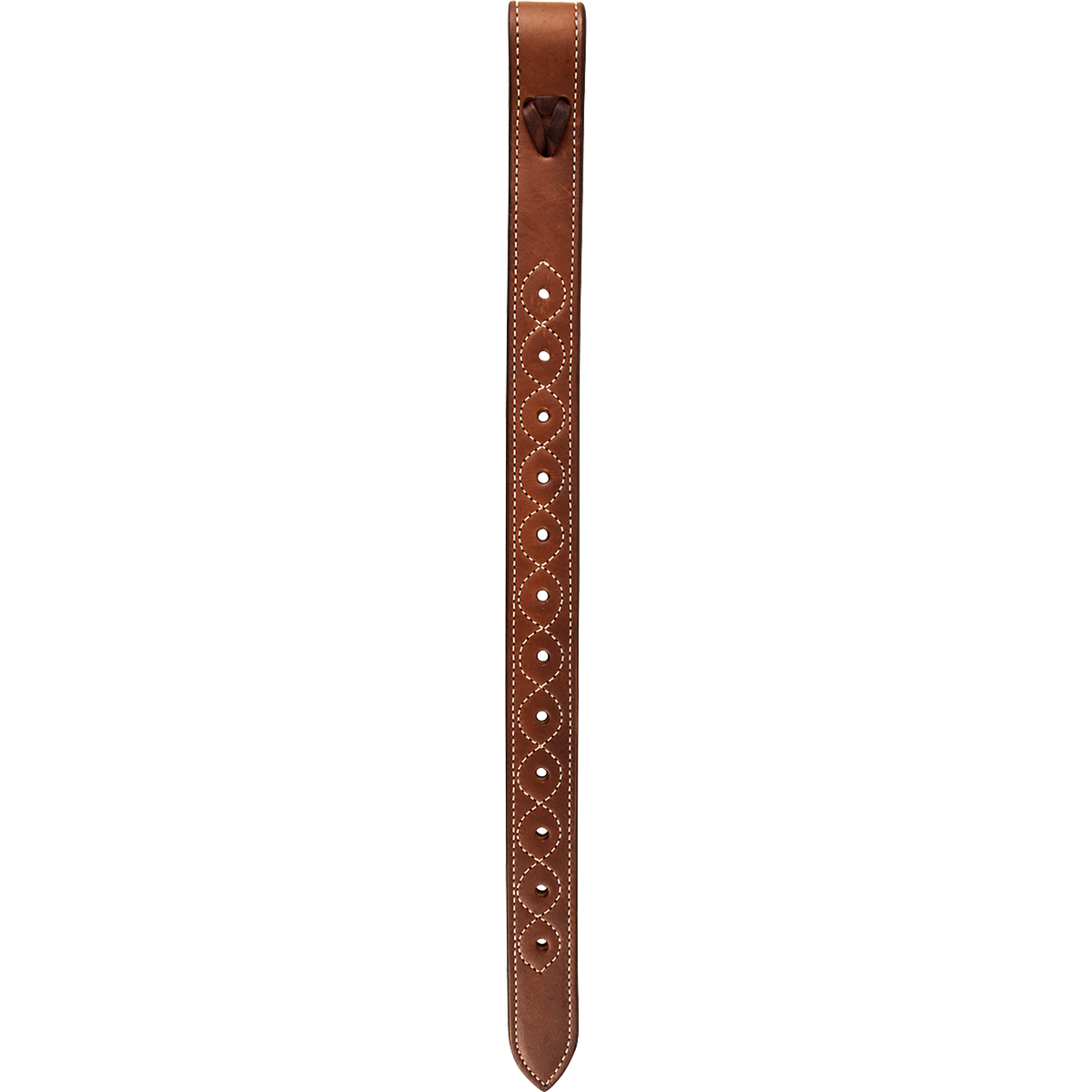 Chocolate standard flank billet from Martin Saddlery, hanging straight. White stitching outlines the adjustment holes down the doubled skirting leather billet.