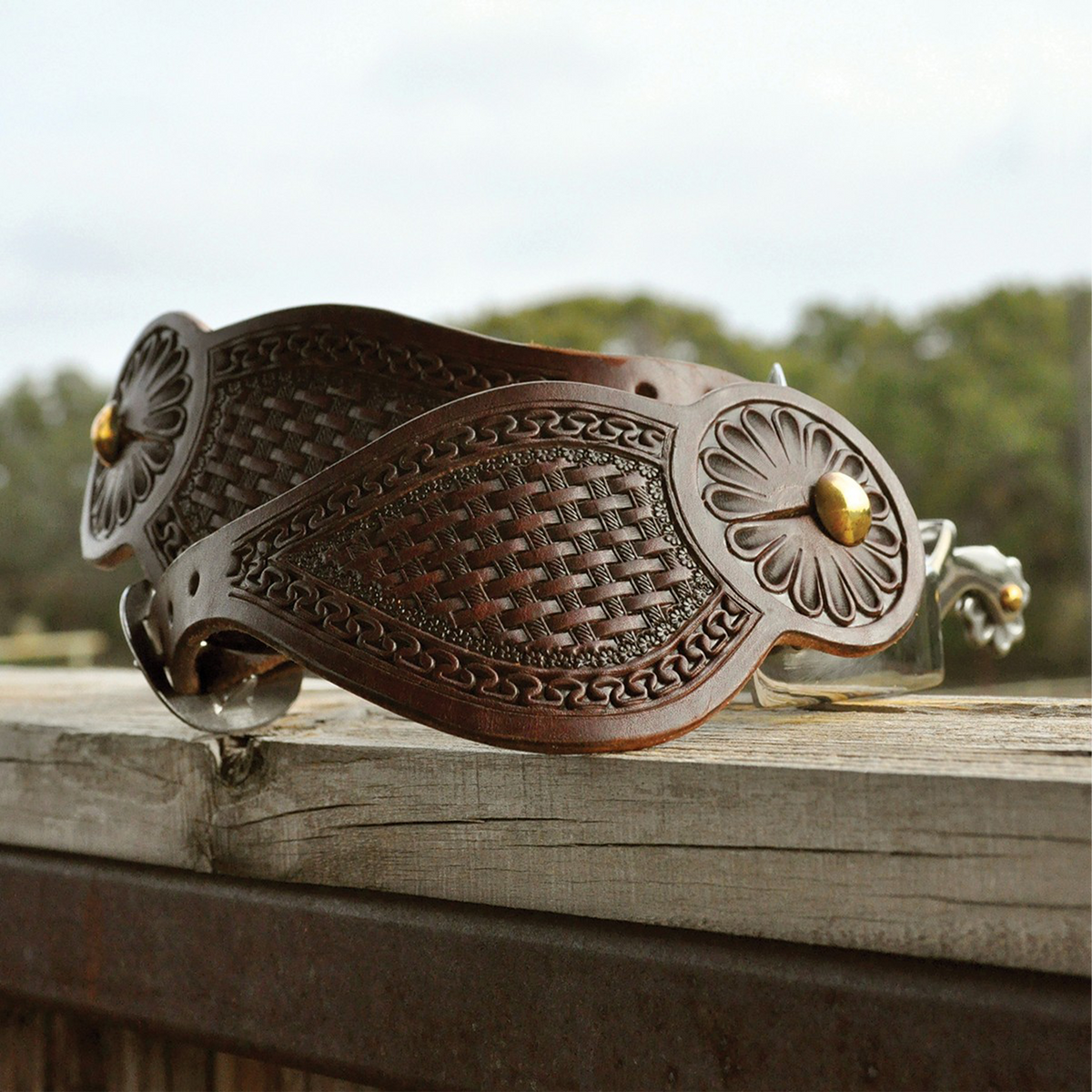 Chocolate Tombstone spur straps with San Carlos and basket tooling on spurs resting on a fence rail, with trees behind. Basket stamping fills the strap inside the border, beside a flower stamped end.