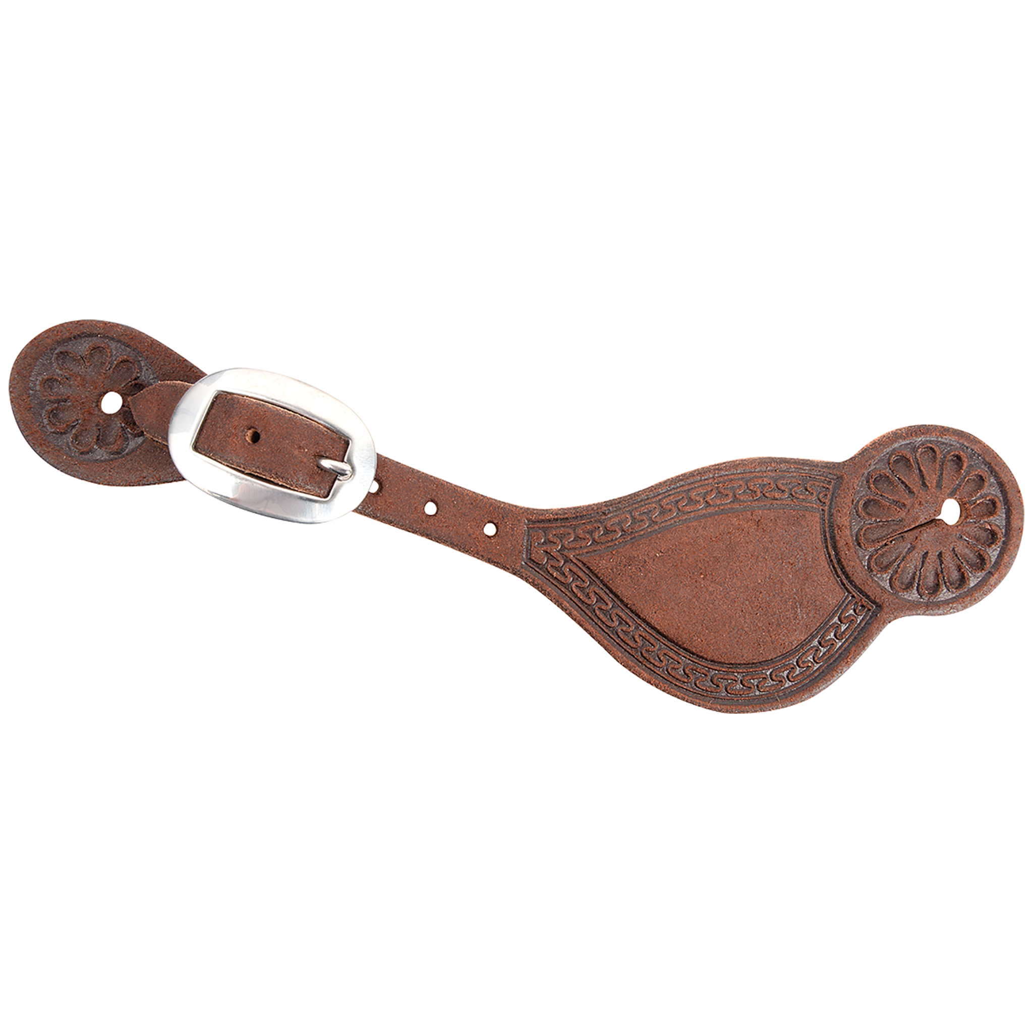 Chocolate Tombstone spur strap with San Carlos tooling, seen from above. A San Carlos border outlines the roughout strap, with a stamped flower at each end and a stainless steel buckle.