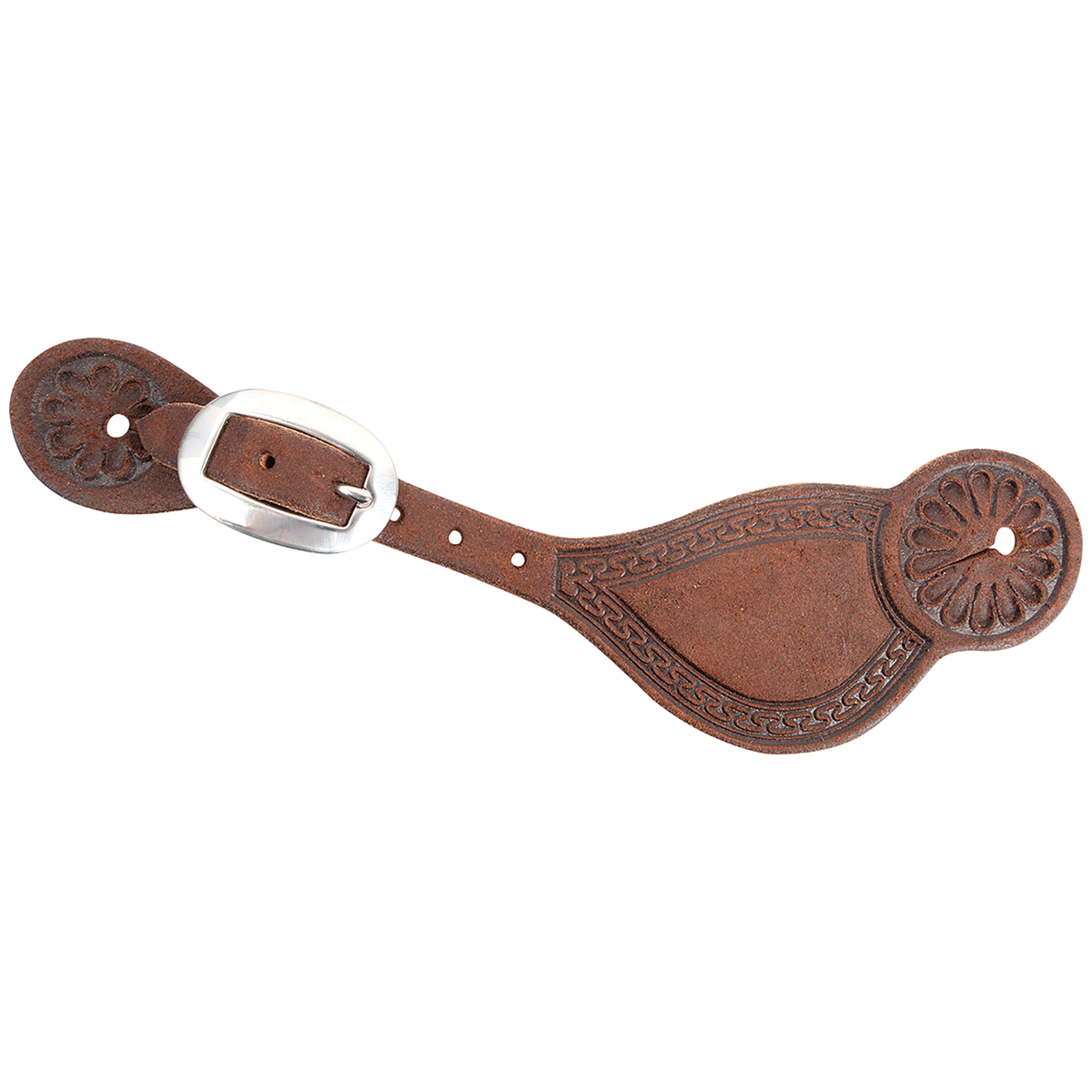 Chocolate Tombstone spur strap with San Carlos tooling, seen from above. A San Carlos border outlines the roughout strap, with a stamped flower at each end and a stainless steel buckle.