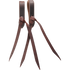 Chocolate water loop rein ends, seen hanging side by side. Each short leather loop is closed with a knotted tie string that hangs in long tails.