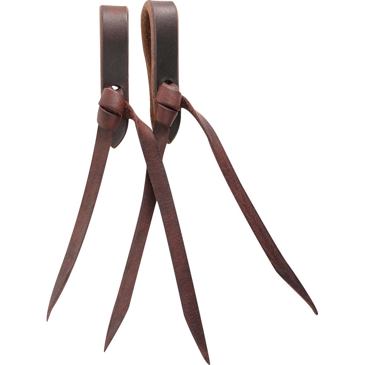Chocolate water loop rein ends, seen hanging side by side. Each short leather loop is closed with a knotted tie string that hangs in long tails.