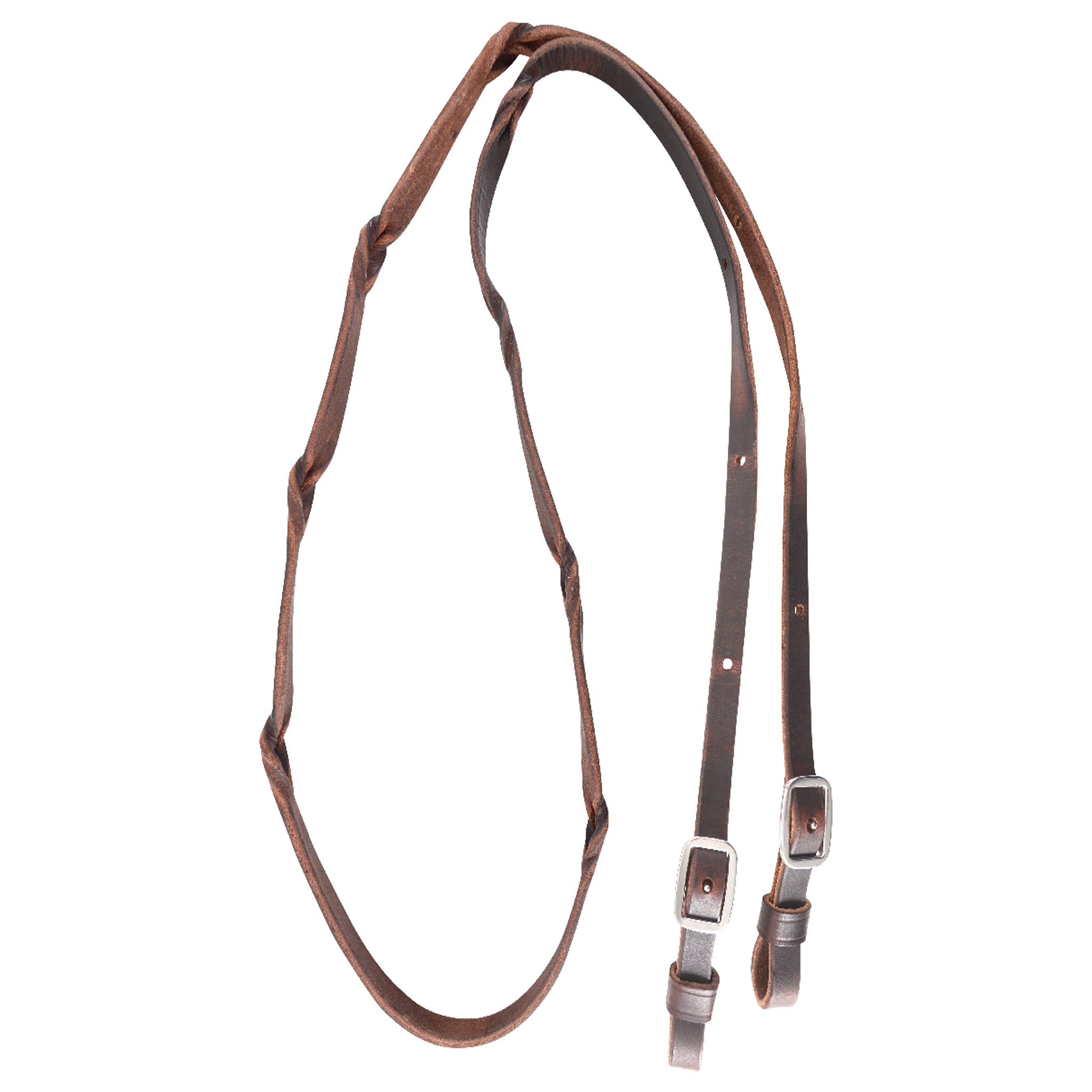 Chocolate latigo barrel rein with blood twists, coiled and seen from above. The twists are spaced along both sides of the 5/8-inch rein, which ends in buckles for adjusting length.
