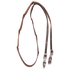 Chocolate latigo barrel rein with blood twists, coiled and seen from above. The twists are spaced along both sides of the 5/8-inch rein, which ends in buckles for adjusting length.