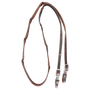 Chocolate latigo barrel rein with blood twists, coiled and seen from above. The twists are spaced along both sides of the 5/8-inch rein, which ends in buckles for adjusting length.